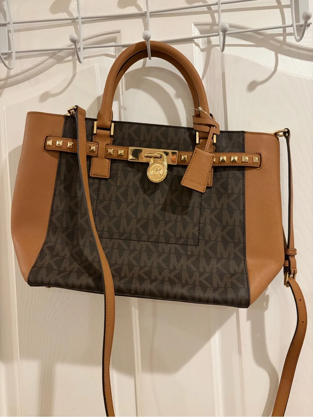 MICHAEL Michael Kors Brown Logo Satchel with Tan Trim and Gold Hardware